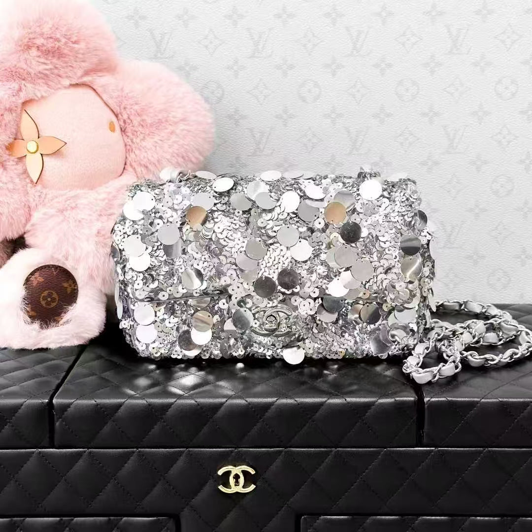 Chanel 22B Silver Sequined Mini CF Chain Bag
