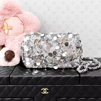 Chanel 22B Silver Sequined Mini CF Chain Bag