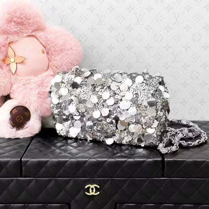 Chanel 22B Silver Sequined Mini CF Chain Bag