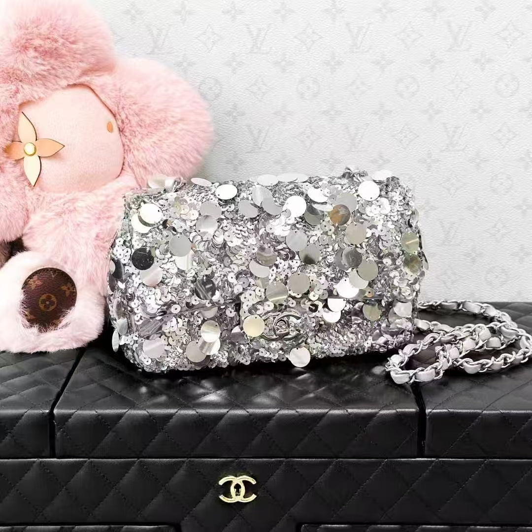 Chanel 22B Silver Sequined Mini CF Chain Bag