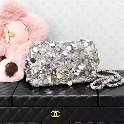 Chanel 22B Silver Sequined Mini CF Chain Bag