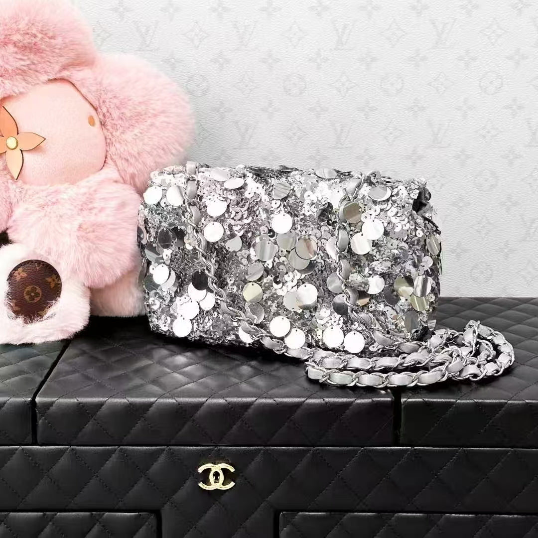 Chanel 22B Silver Sequined Mini CF Chain Bag