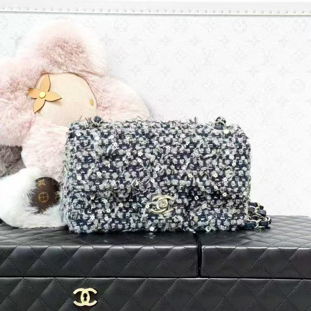 Chanel 21B Blue-Gray Ombre Mini with Floral Sequins, Chain Bag