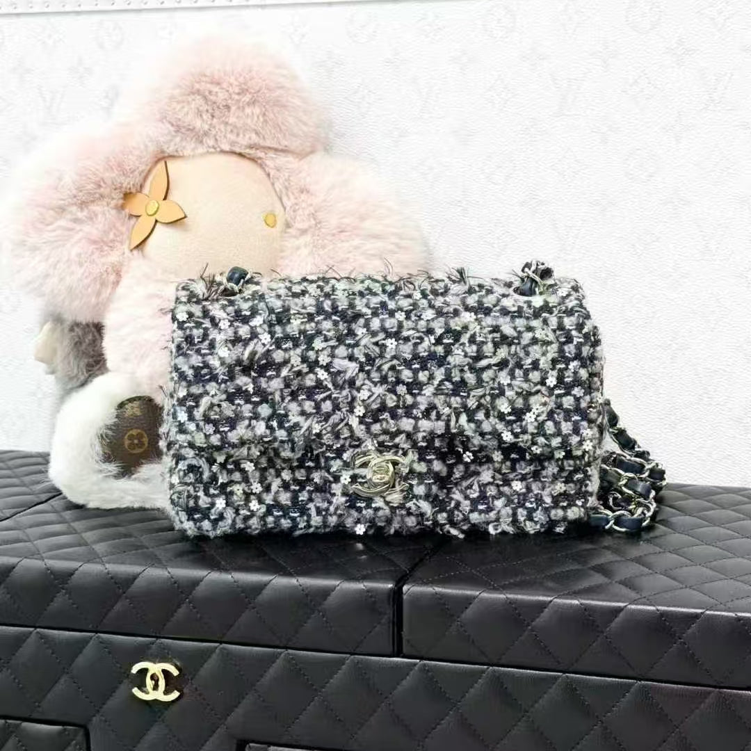 Chanel 21B Blue-Gray Ombre Mini with Floral Sequins, Chain Bag