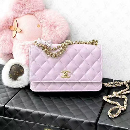 Chanel 24S Pink-Purple Quilted Grain Leather Wallet with Gold Hardware