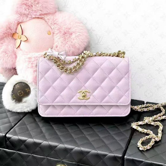 Chanel 24S Pink-Purple Quilted Grain Leather Wallet with Gold Hardware