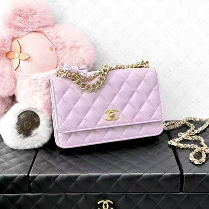 Chanel 24S Pink-Purple Quilted Grain Leather Wallet with Gold Hardware