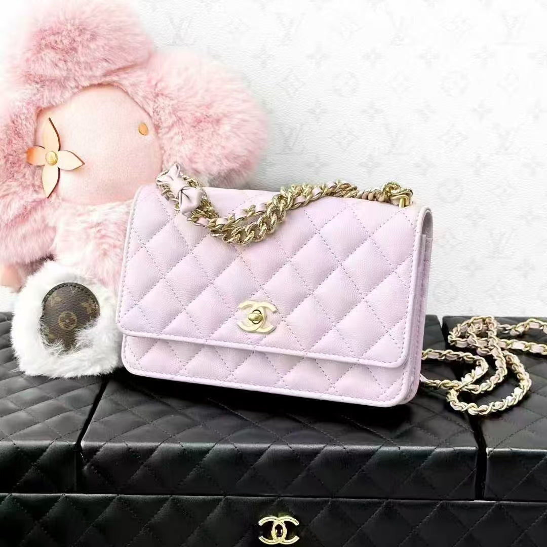 Chanel 24S Pink-Purple Quilted Grain Leather Wallet with Gold Hardware