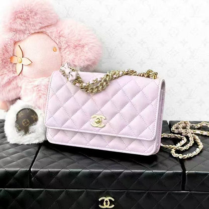 Chanel 24S Pink-Purple Quilted Grain Leather Wallet with Gold Hardware