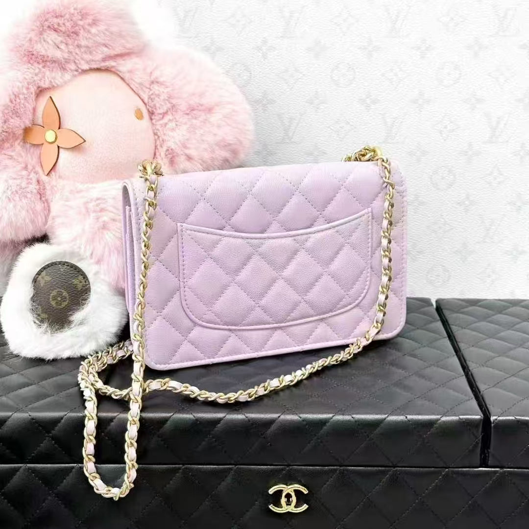 Chanel 24S Pink-Purple Quilted Grain Leather Wallet with Gold Hardware