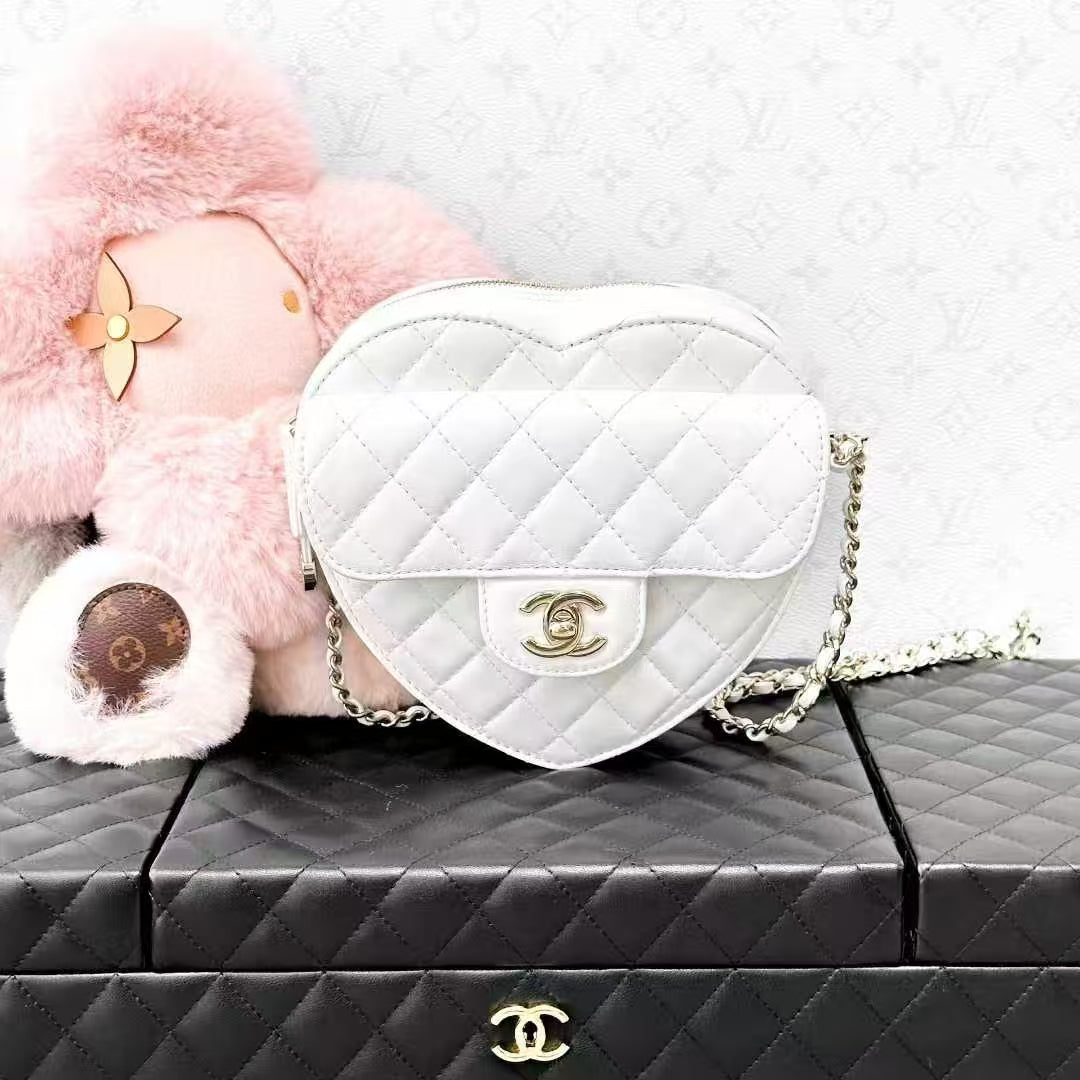 Chanel 22S White Gold Buckle Quilted Large Heart Chain Bag, Crossbody Bag