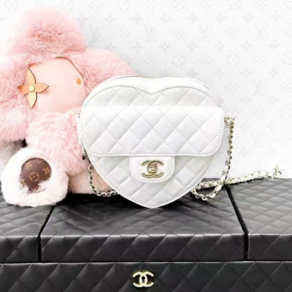 Chanel 22S White Gold Buckle Quilted Large Heart Chain Bag, Crossbody Bag