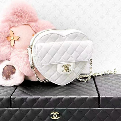 Chanel 22S White Gold Buckle Quilted Large Heart Chain Bag, Crossbody Bag