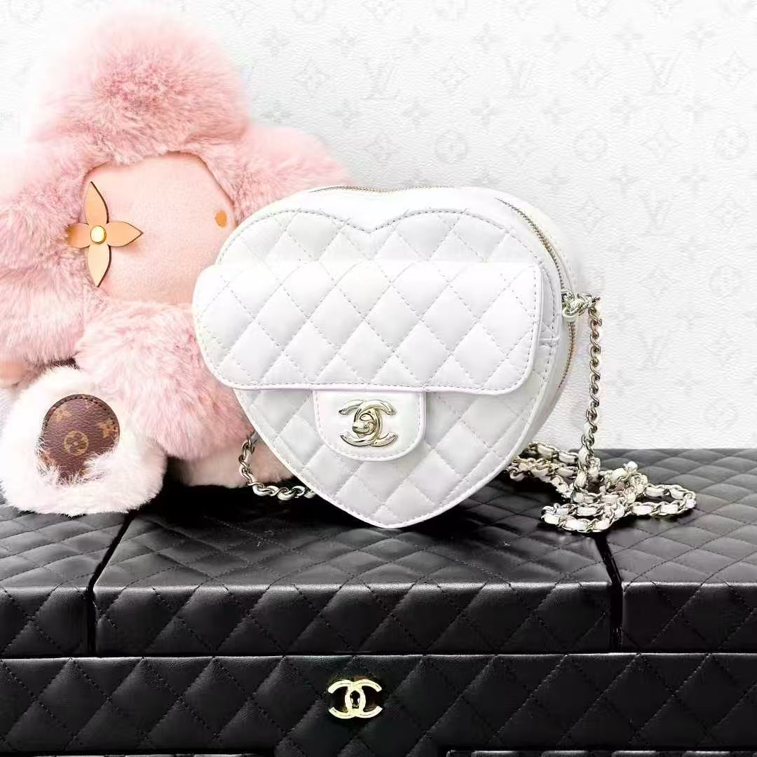 Chanel 22S White Gold Buckle Quilted Large Heart Chain Bag, Crossbody Bag