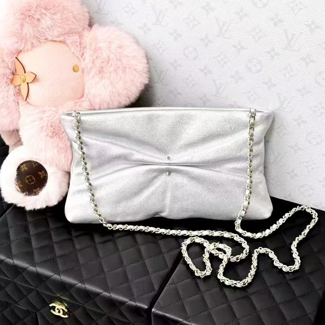 Chanel 25S Silver Double C Pearl Buckle Bow Chain Bag, Crossbody Bag