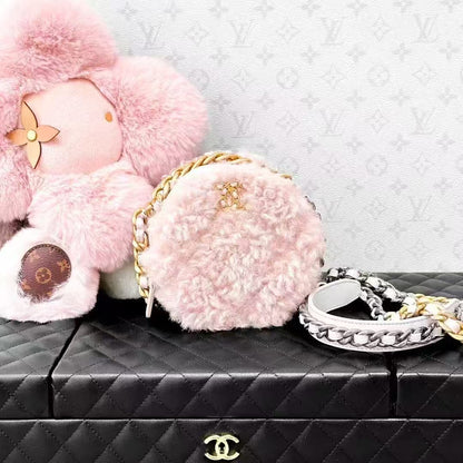 Chanel 20A Pink Teddy Plush Round Pouch, Crossbody Bag