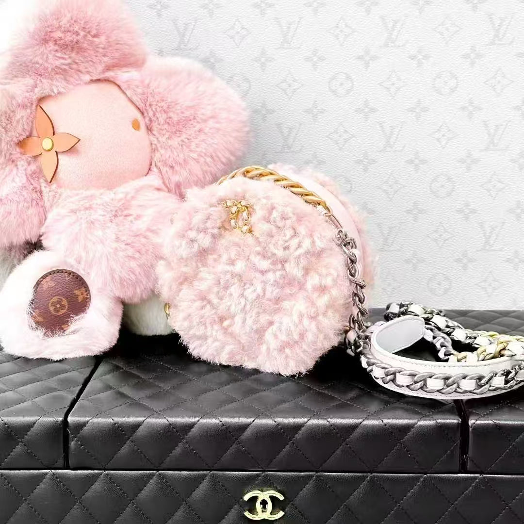 Chanel 20A Pink Teddy Plush Round Pouch, Crossbody Bag