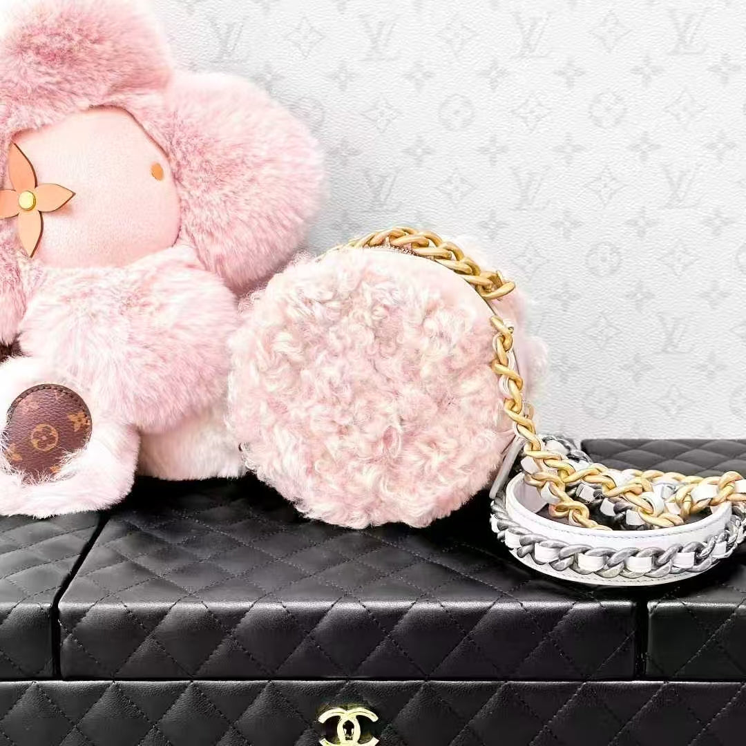 Chanel 20A Pink Teddy Plush Round Pouch, Crossbody Bag