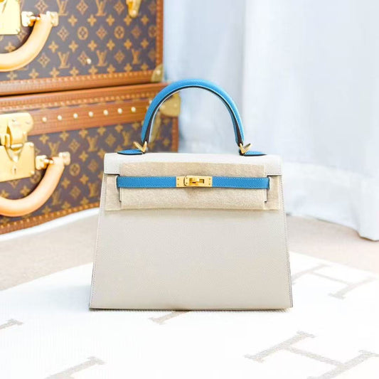 Hermes Kelly 25 in Milkshake White with Watercolor Blue