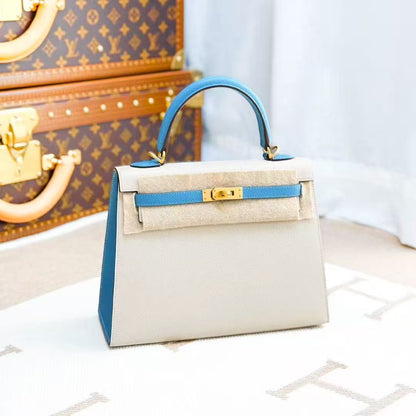 Hermes Kelly 25 in Milkshake White with Watercolor Blue