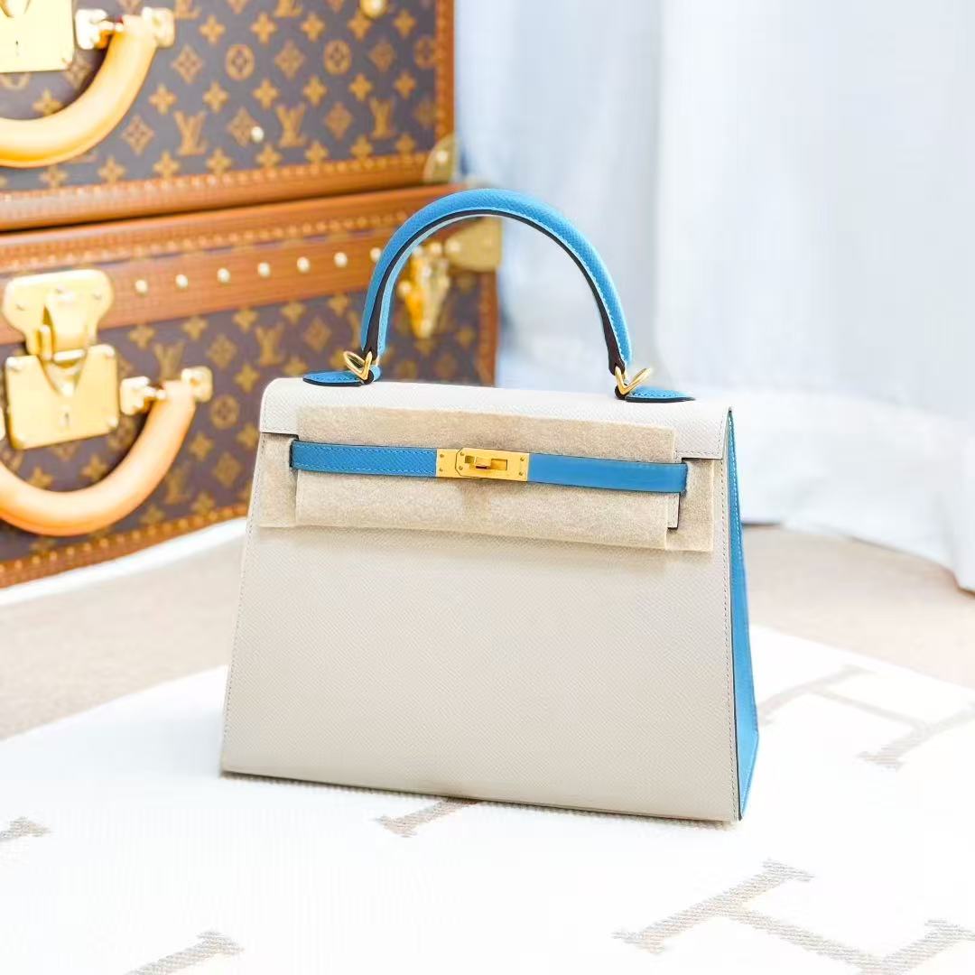 Hermes Kelly 25 in Milkshake White with Watercolor Blue