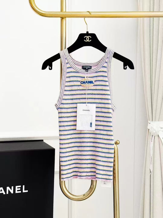Chanel 25P Colour-Block Striped Letter Logo Sleeveless Knitted Vest