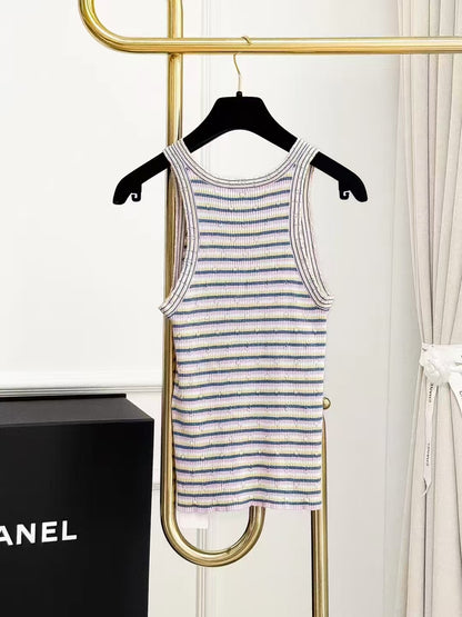 Chanel 25P Colour-Block Striped Letter Logo Sleeveless Knitted Vest