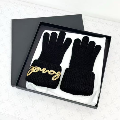Chanel 22A Black Knit Gloves with Gold Sequined Letter Logo