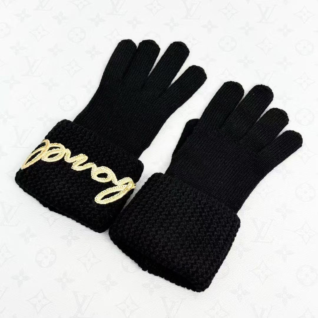 Chanel 22A Black Knit Gloves with Gold Sequined Letter Logo