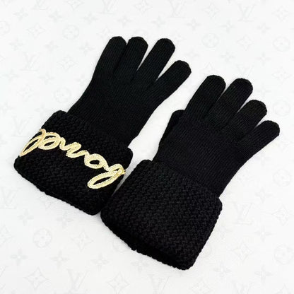 Chanel 22A Black Knit Gloves with Gold Sequined Letter Logo