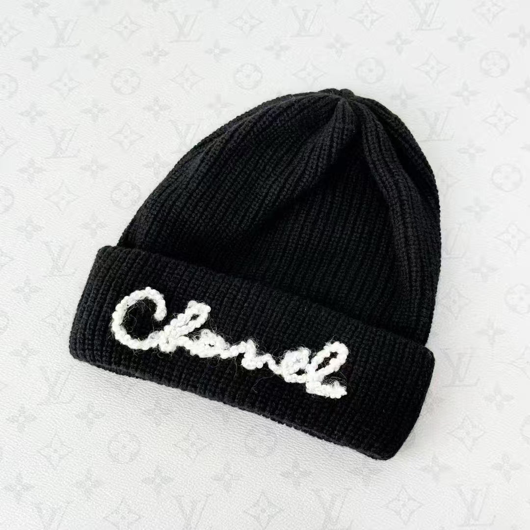 Chanel 21A Black and White Embroidered Letter Knit Hat