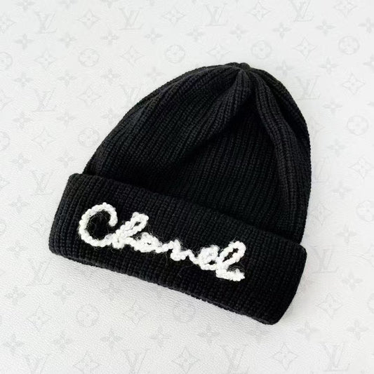 Chanel 21A Black and White Embroidered Letter Knit Hat