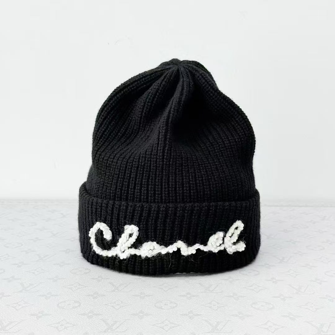 Chanel 21A Black and White Embroidered Letter Knit Hat