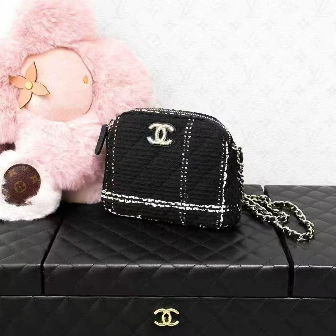 Chanel 24K Black and White Checkered Tweed Shell Chain Bag, Vic Gift