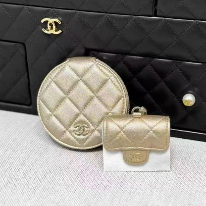 Chanel 25C Champagne Gold Quilted Two-in-One Round Pouch, Earphone Case