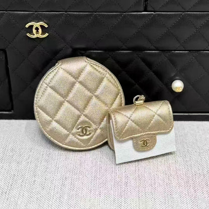 Chanel 25C Champagne Gold Quilted Two-in-One Round Pouch, Earphone Case