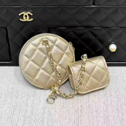 Chanel 25C Champagne Gold Quilted Two-in-One Round Pouch, Earphone Case