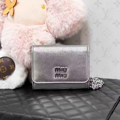 MiuMiu Silver Letter Logo Card Holder, Chain Bag