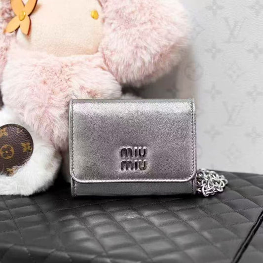 MiuMiu Silver Letter Logo Card Holder, Chain Bag