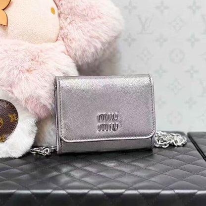 MiuMiu Silver Letter Logo Card Holder, Chain Bag