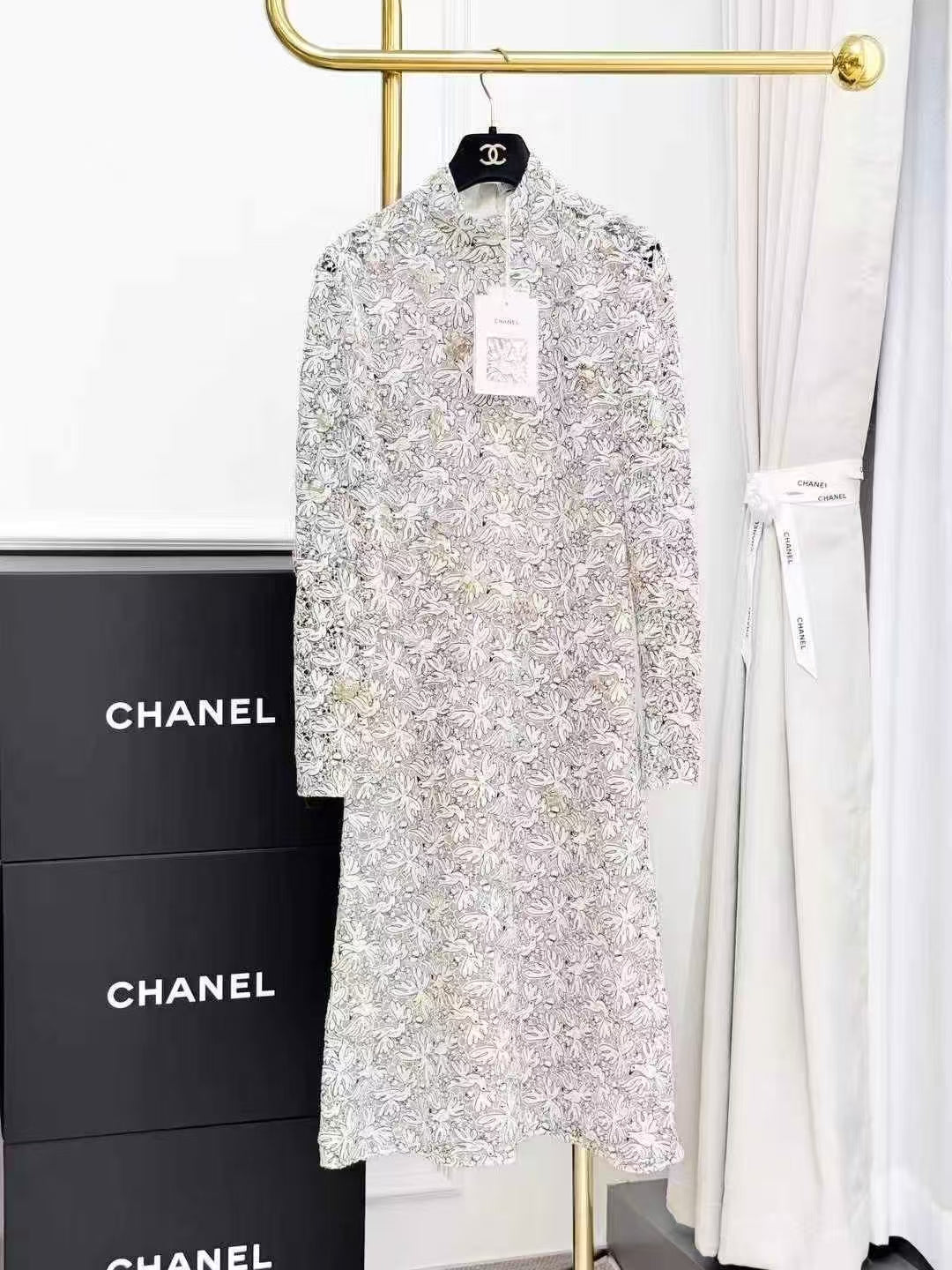 Chanel 22C Runway Collection Embroidered Lace and Peace Dove Dress