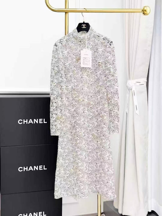 Chanel 22C Runway Collection Embroidered Lace and Peace Dove Dress
