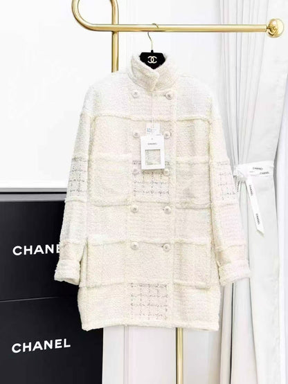 Chanel 21K Heavy-Duty Cream-Colored Sequined Patchwork Mid-Length Coat