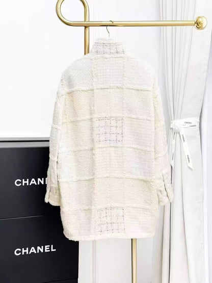 Chanel 21K Heavy-Duty Cream-Colored Sequined Patchwork Mid-Length Coat