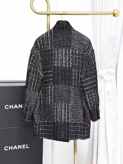 Chanel 21K Dark Gray Checkered Sequin Patchwork Mid-Length Coat