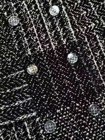 Chanel 21K Dark Gray Checkered Sequin Patchwork Mid-Length Coat