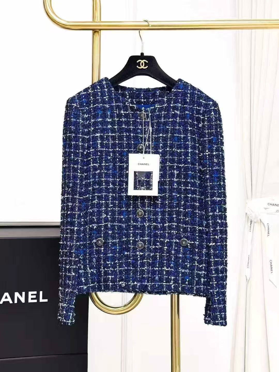 Chanel 25P Blue and White Checked Fine Tweed Jacket