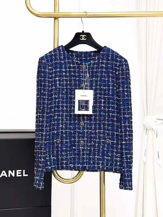 Chanel 25P Blue and White Checked Fine Tweed Jacket
