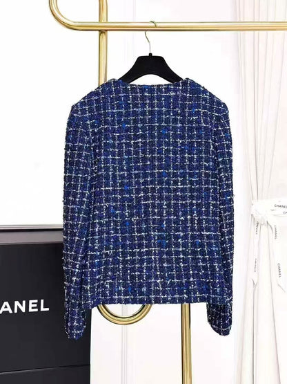 Chanel 25P Blue and White Checked Fine Tweed Jacket