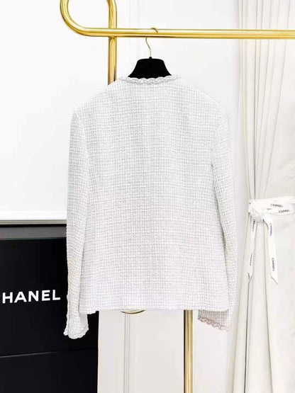 Chanel 25C White Four-Pocket Double-Breasted Jacket with Gold-Thread Piping